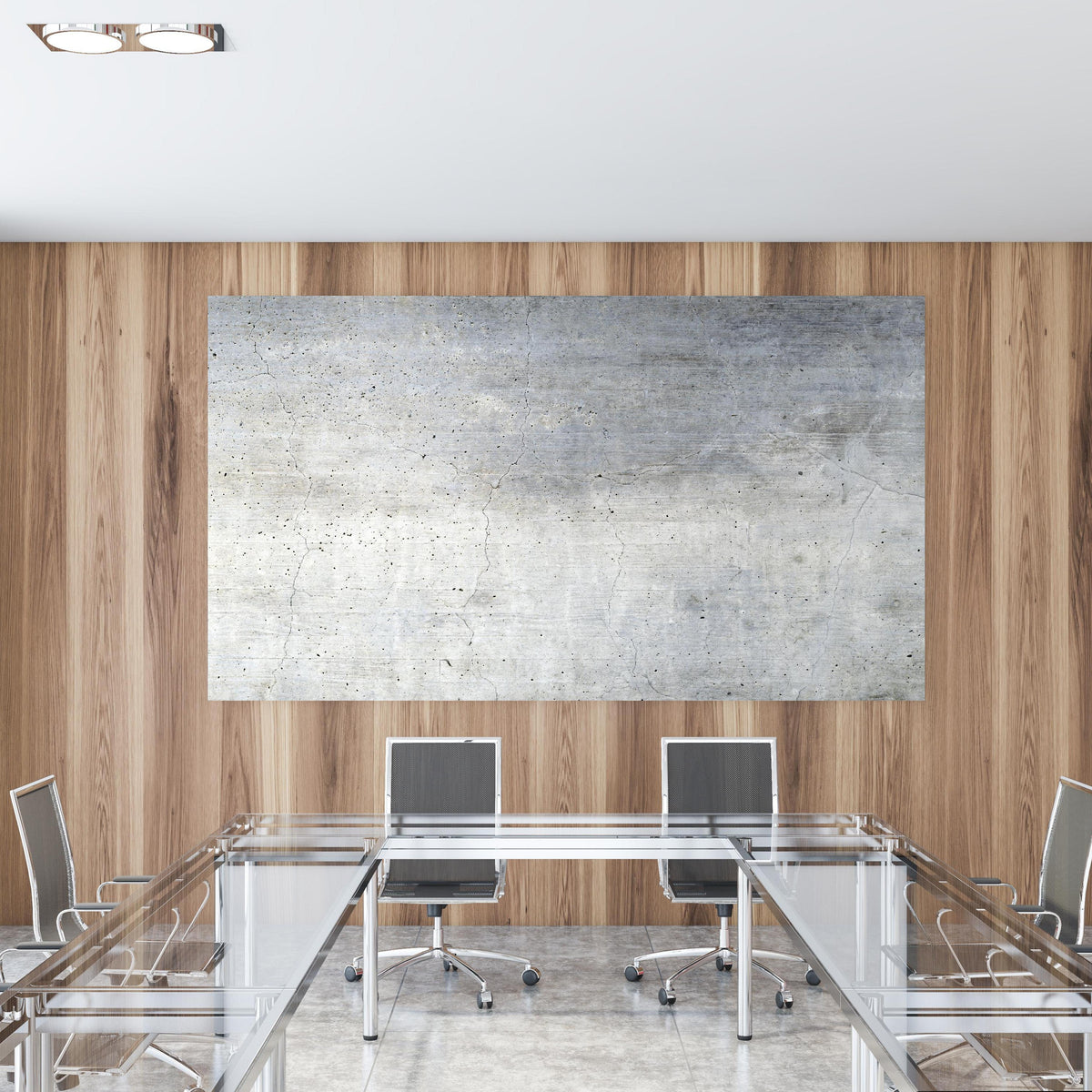 Office Poster  - Textur einer alten grauen Betonwand in einem Konferenzraum mit Glastisch und Holzwand