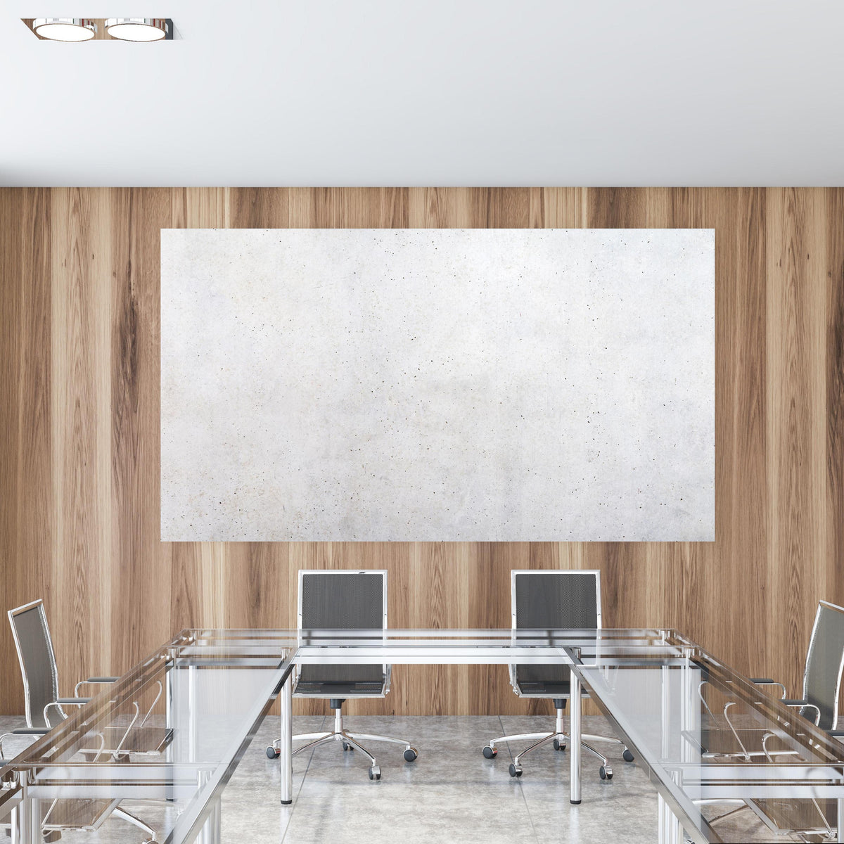 Office Poster  - Textur einer weißen Betonwand in einem Konferenzraum mit Glastisch und Holzwand