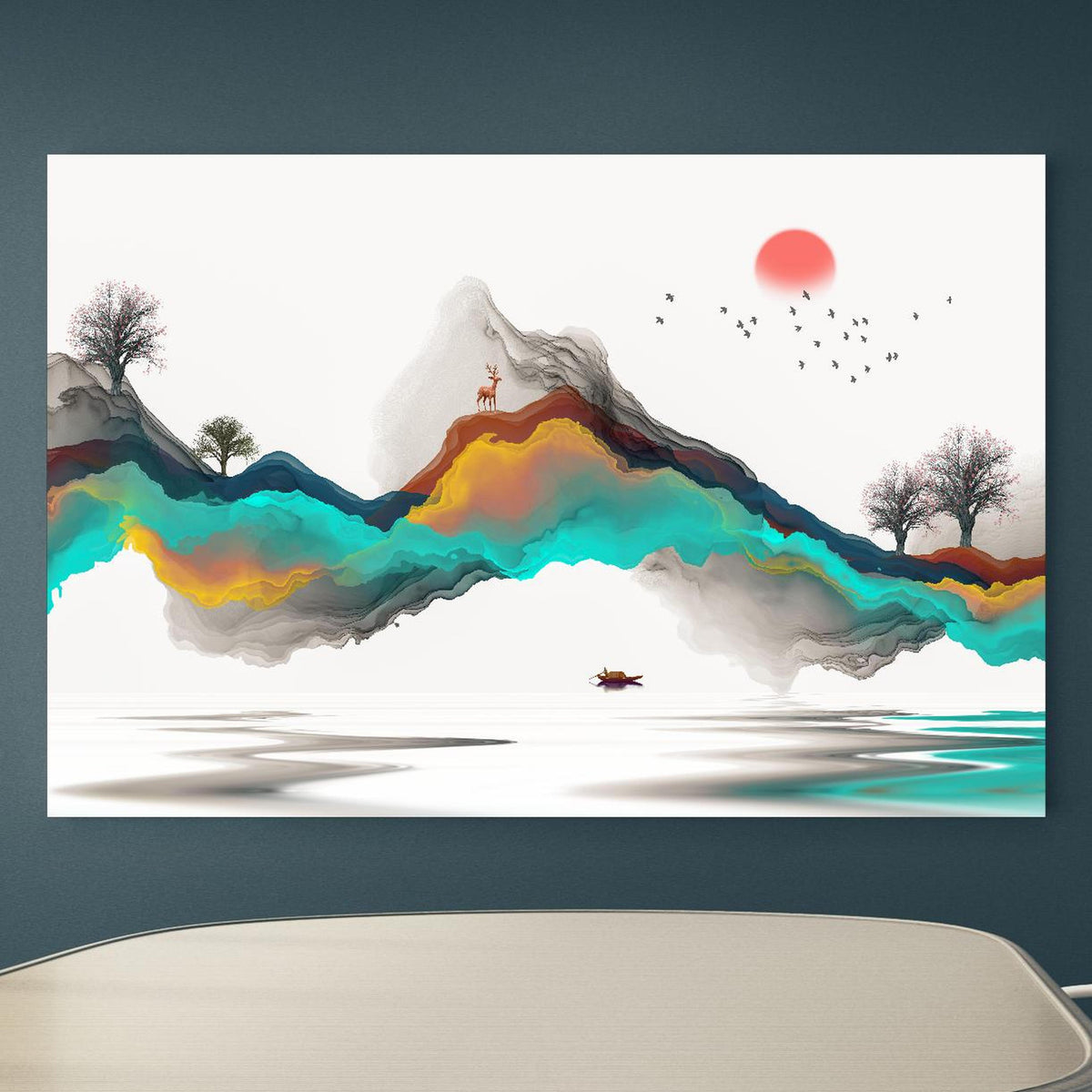 Office Poster  - Tinte Linie Dekoration Landschaft an blauer Wand in einem Besprechungsraum Zoom