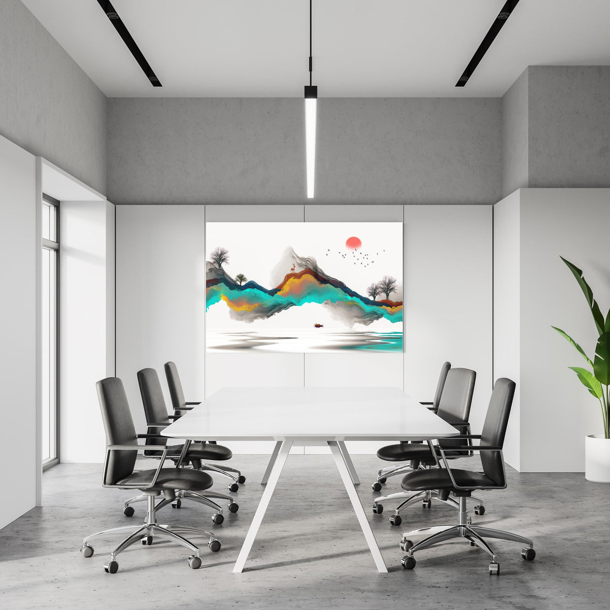 Office Poster  - Tinte Linie Dekoration Landschaft in einem Konferenzraum an weißer Wand hängend