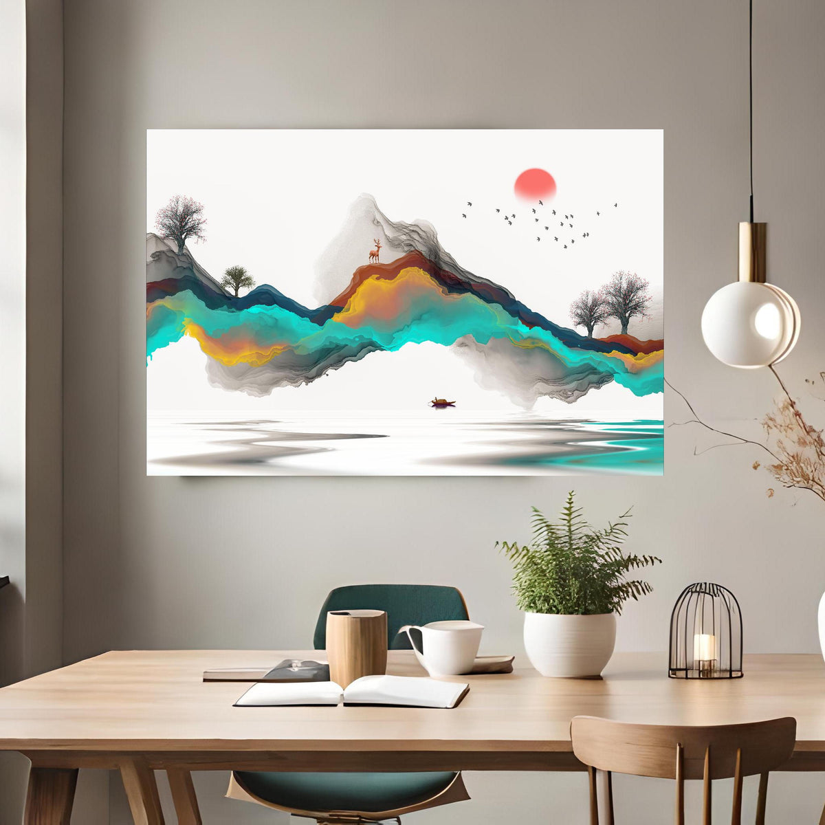 Office Poster  - Tinte Linie Dekoration Landschaft über klassischem Holztisch mit runder Vase - rechteckig