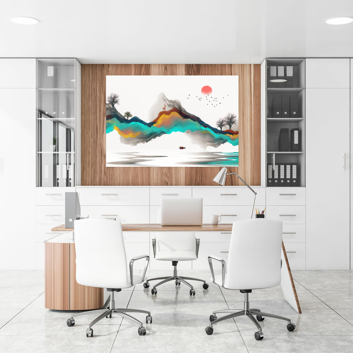 Office Poster  - Tinte Linie Dekoration Landschaft an einer Holzwand hängend im Büroraum
Office Poster  - Tinte Linie Dekoration Landschaft an einer Holzwand hängend im Büroraum