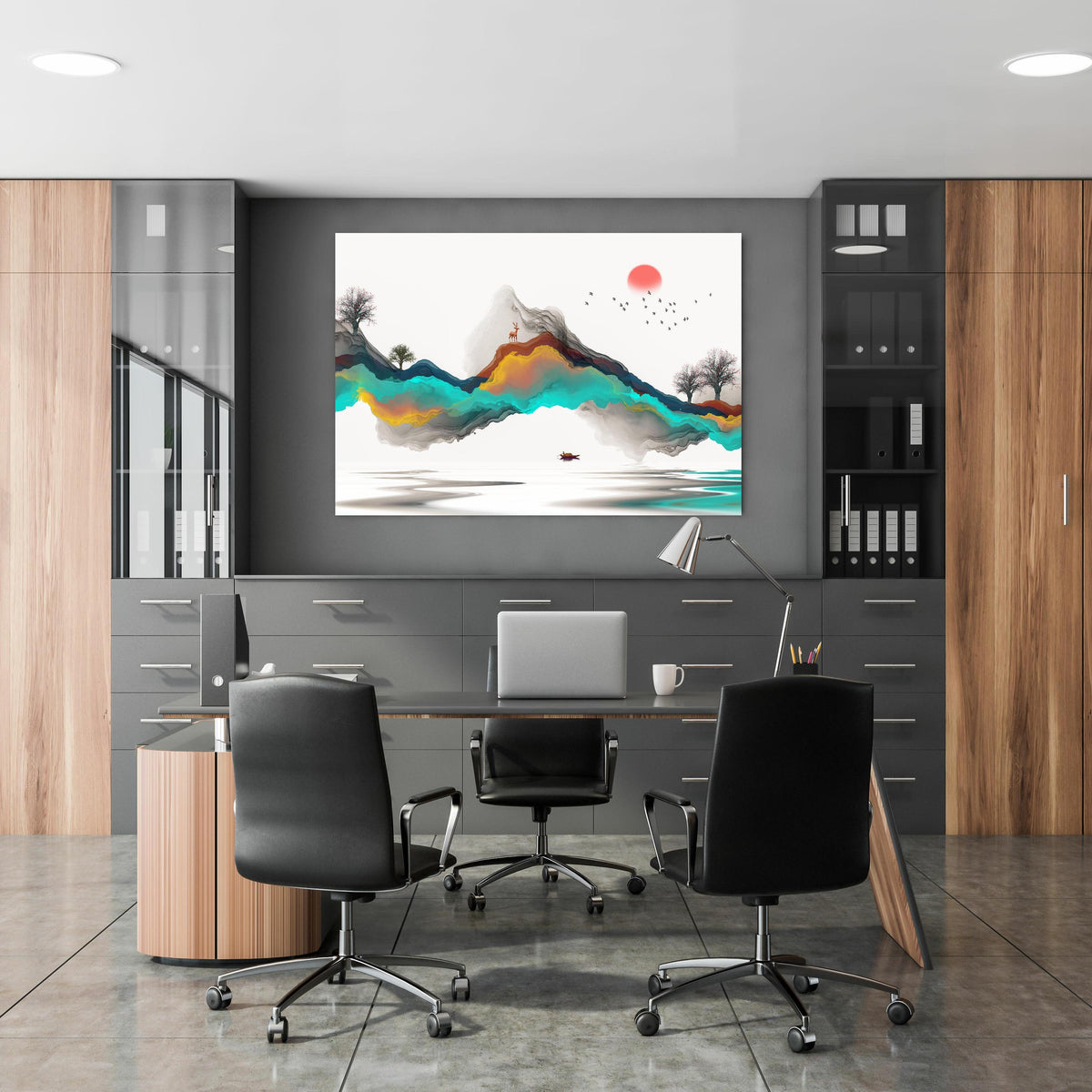 Office Poster  - Tinte Linie Dekoration Landschaft in klassischem Büroraum zwischen Holzschränken