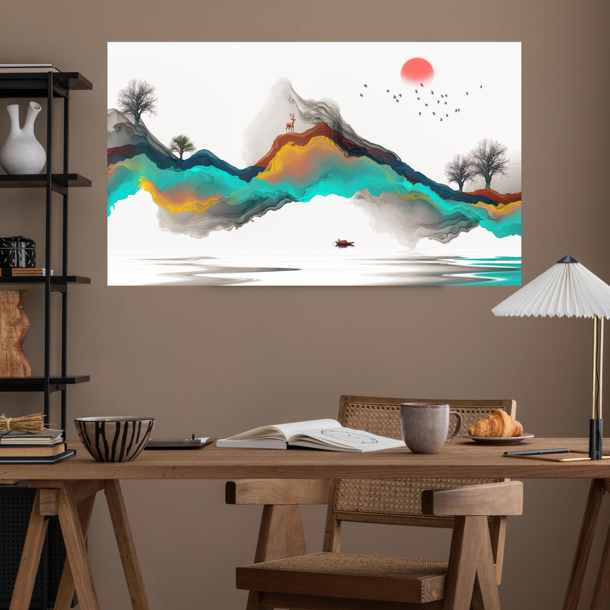 Office Poster  - Tinte Linie Dekoration Landschaft über poliertem Holztisch mit stilvoller Lampe - rechteckig