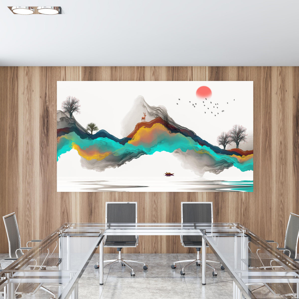 Office Poster  - Tinte Linie Dekoration Landschaft in einem Konferenzraum mit Glastisch und Holzwand