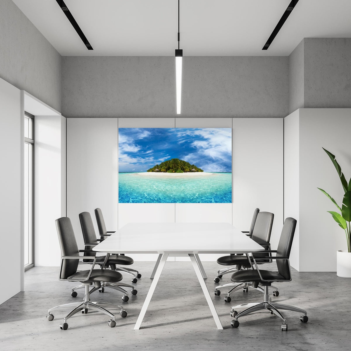 Office Poster  - Tropische Insel mit Kokospalmen in einem Konferenzraum an weißer Wand hängend