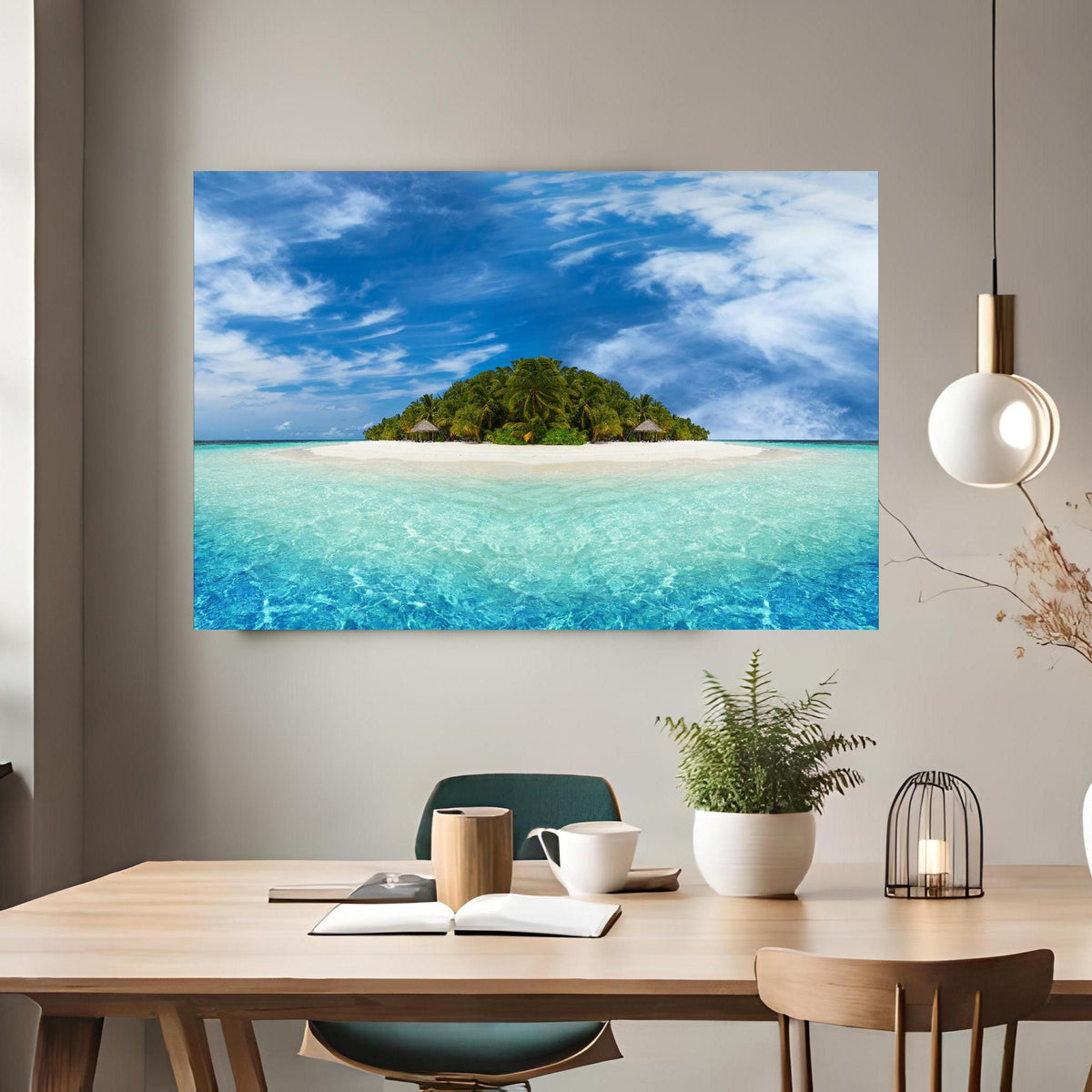 Office Poster  - Tropische Insel mit Kokospalmen über klassischem Holztisch mit runder Vase - rechteckig