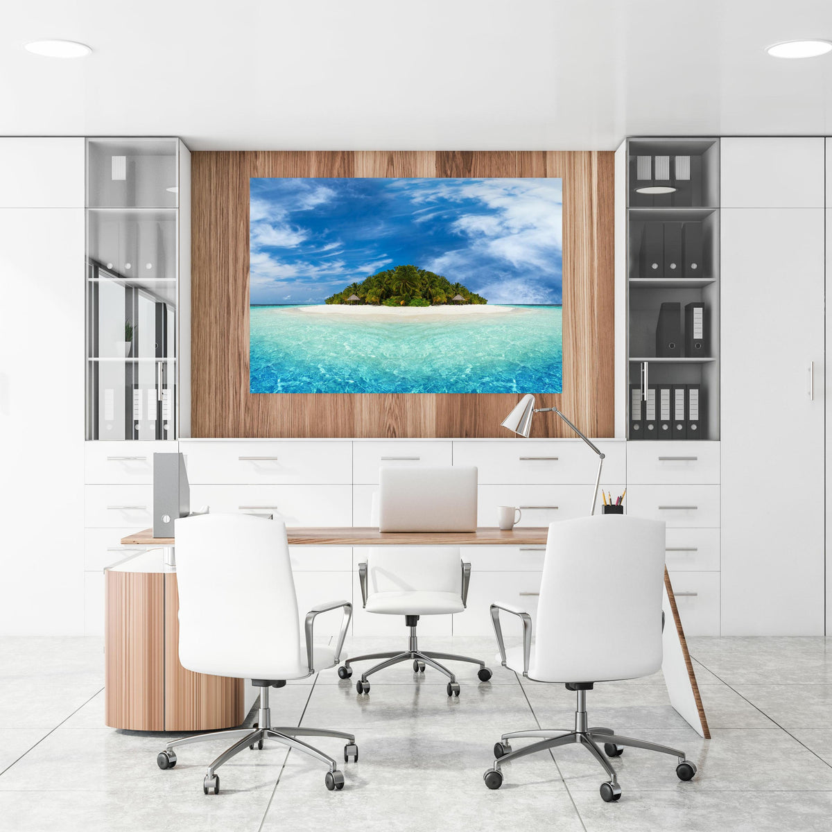 Office Poster  - Tropische Insel mit Kokospalmen an einer Holzwand hängend im Büroraum
Office Poster  - Tropische Insel mit Kokospalmen an einer Holzwand hängend im Büroraum