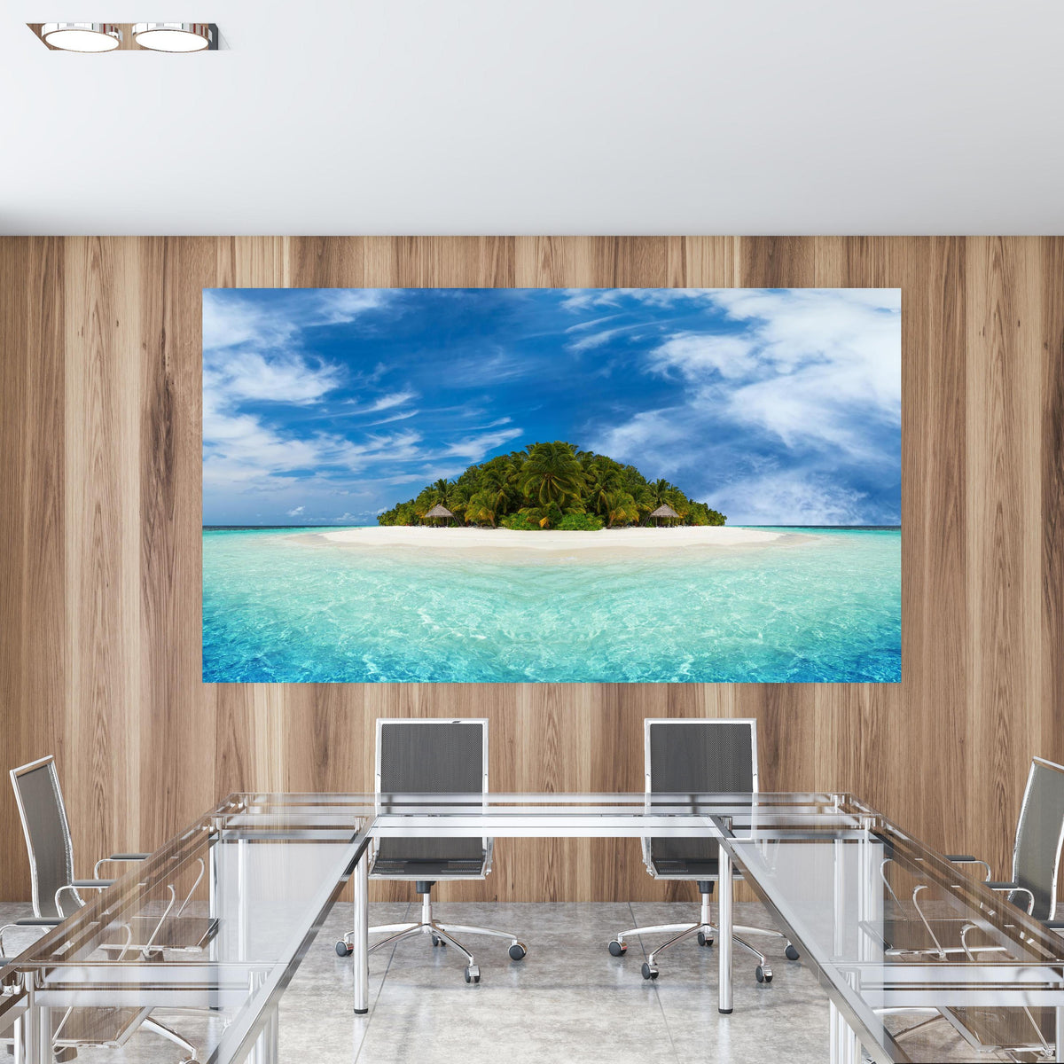 Office Poster  - Tropische Insel mit Kokospalmen in einem Konferenzraum mit Glastisch und Holzwand