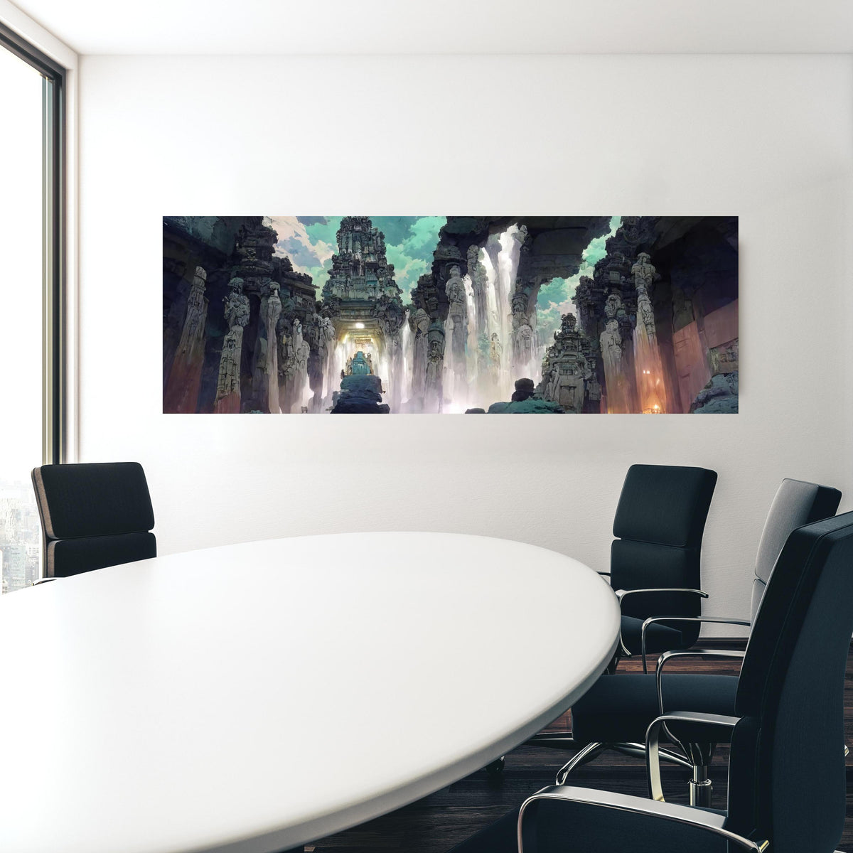 Office Poster  - Wasserfall in einer Höhle - Zeichnung in einem Konferenzraum hinter weißem ovalem Tisch