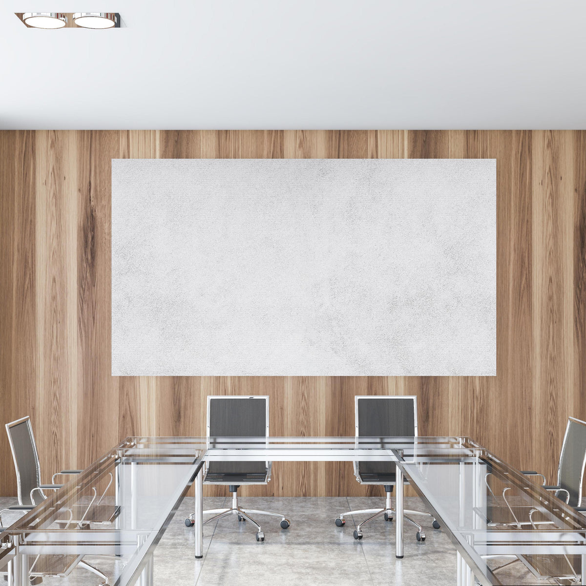 Office Poster  - Weiß-gräuliche Betonwand in einem Konferenzraum mit Glastisch und Holzwand