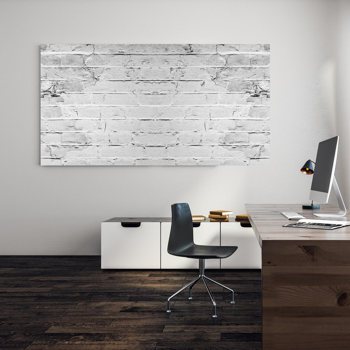 Office Poster  - Weiß grau beschädigte Backstein Wand an einer Wand in minimalistisch eingerichtetem Heim-Büro