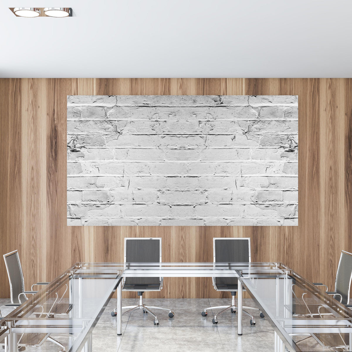 Office Poster  - Weiß grau beschädigte Backstein Wand in einem Konferenzraum mit Glastisch und Holzwand