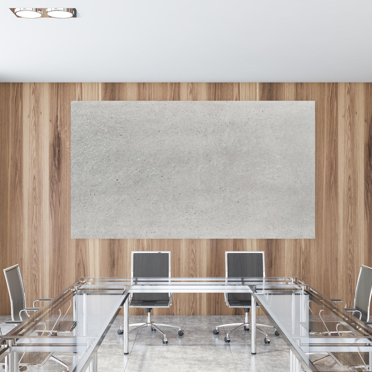 Office Poster  - Weiß graue Betonwand 2 in einem Konferenzraum mit Glastisch und Holzwand