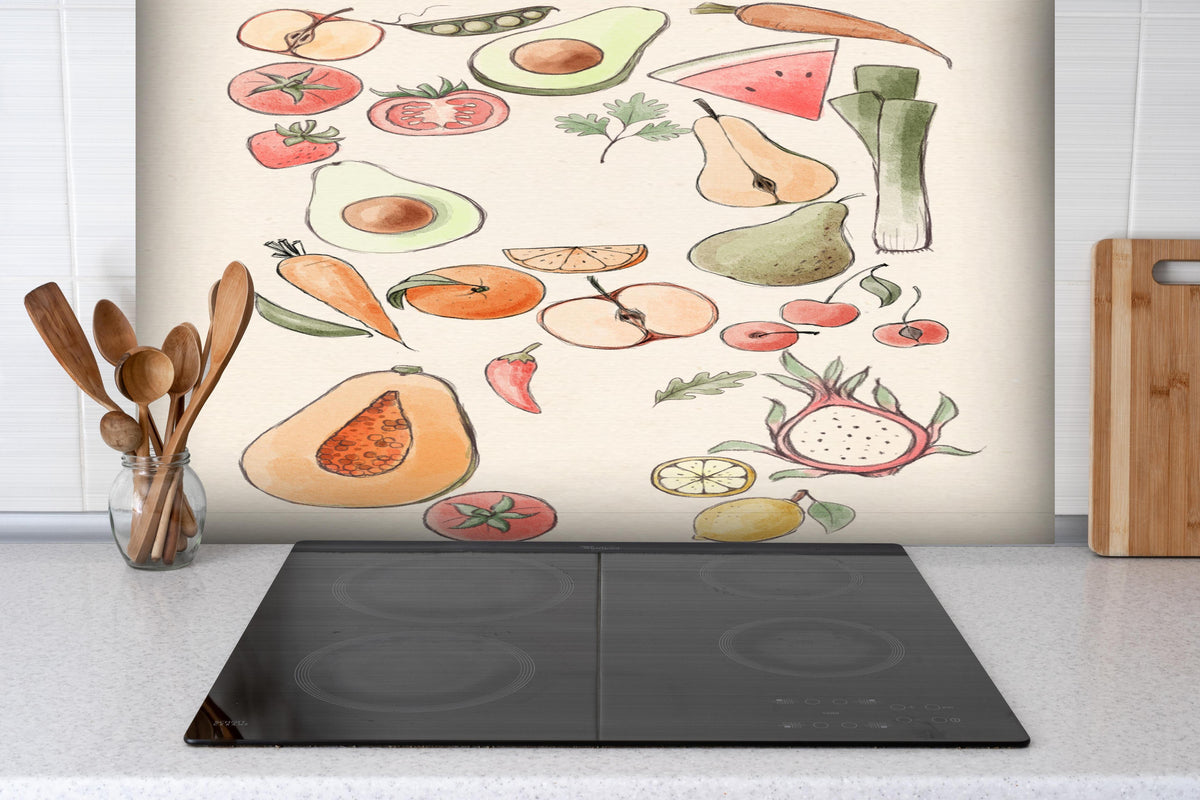 Spritzschutz - Belebendes Illustration-Design Tropischer Früchte hinter einem Cerankochfeld zwischen Holz-Kochutensilien
