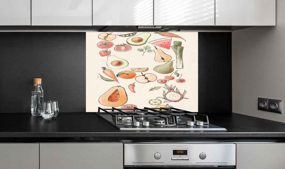 Spritzschutz - Belebendes Illustration-Design Tropischer Früchte hinter einem Cerankochfeld zwischen Holz-Kochutensilien
