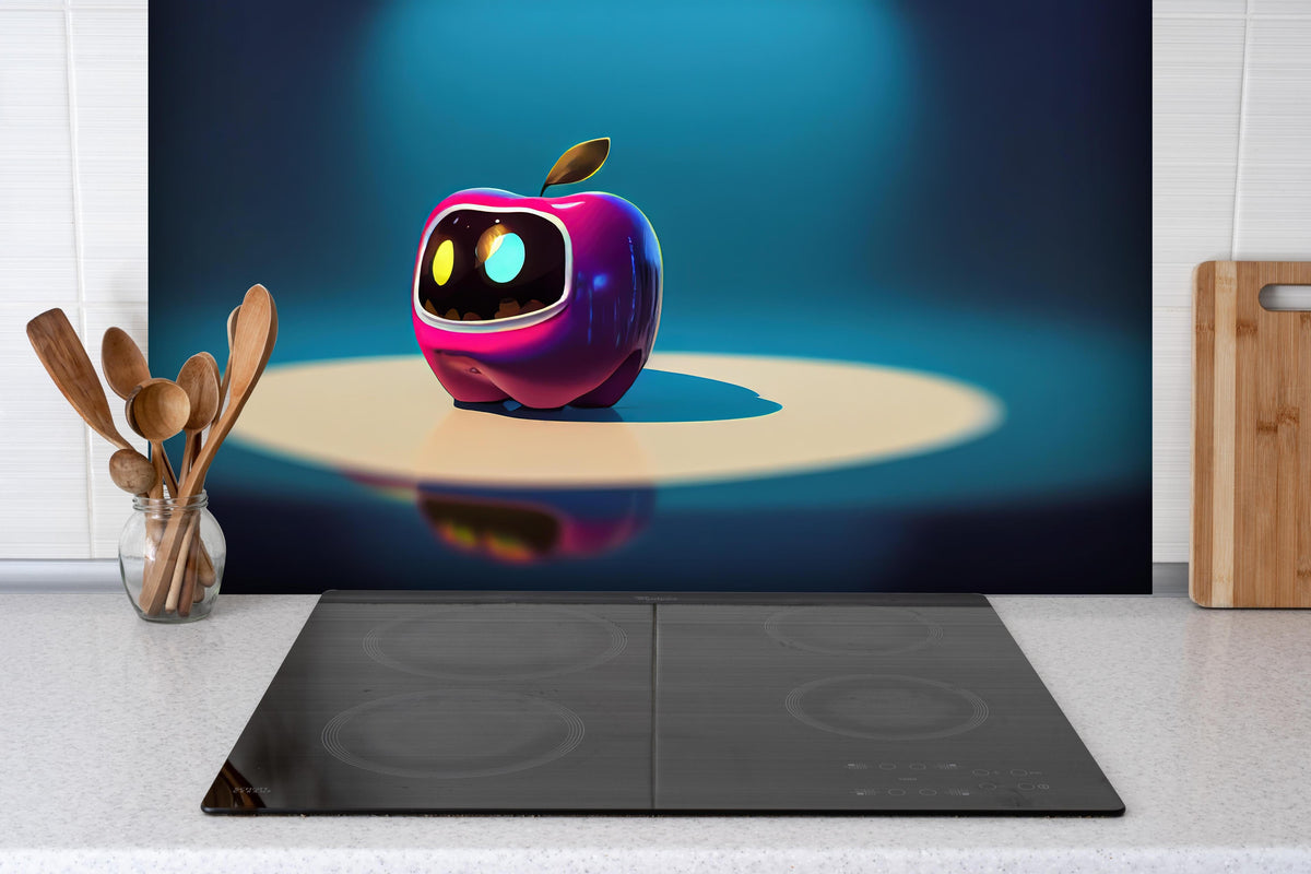 Spritzschutz - Kindermotiv - 3D Apfelroboter  hinter einem Cerankochfeld zwischen Holz-Kochutensilien
