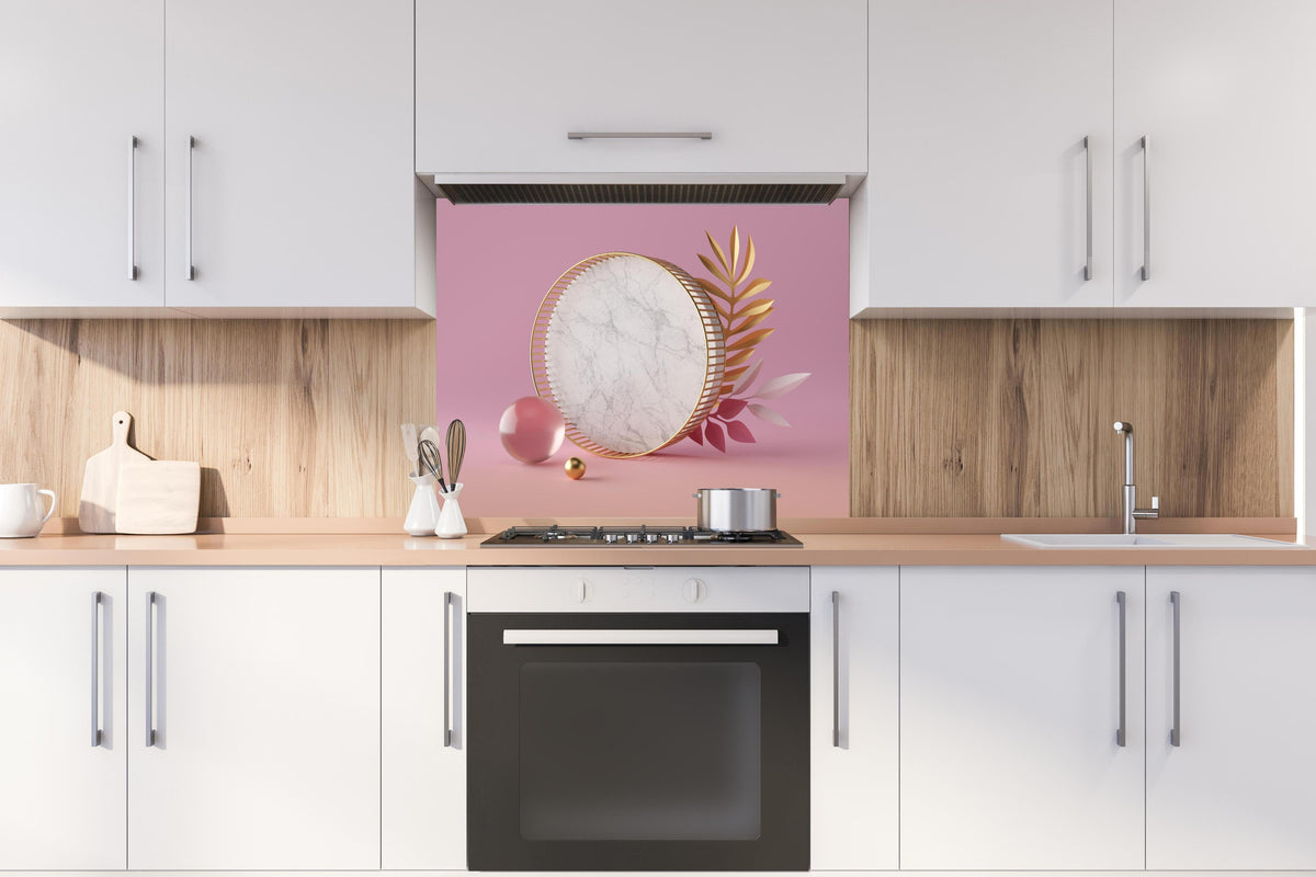 Spritzschutz - Moderne 3D-Struktur hinter einem Cerankochfeld zwischen Holz-Kochutensilien
