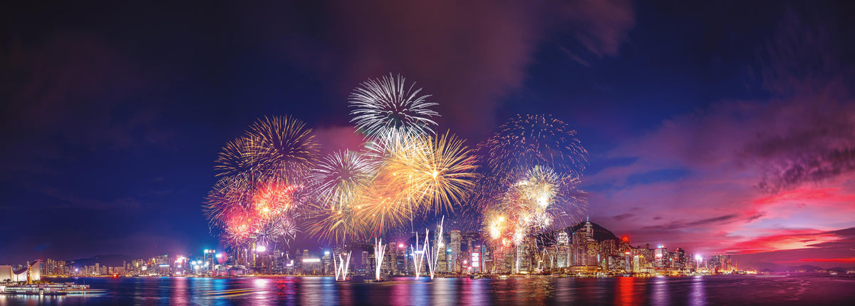 Spritzschutz-Panorama von Hongkong - Feuerwerk