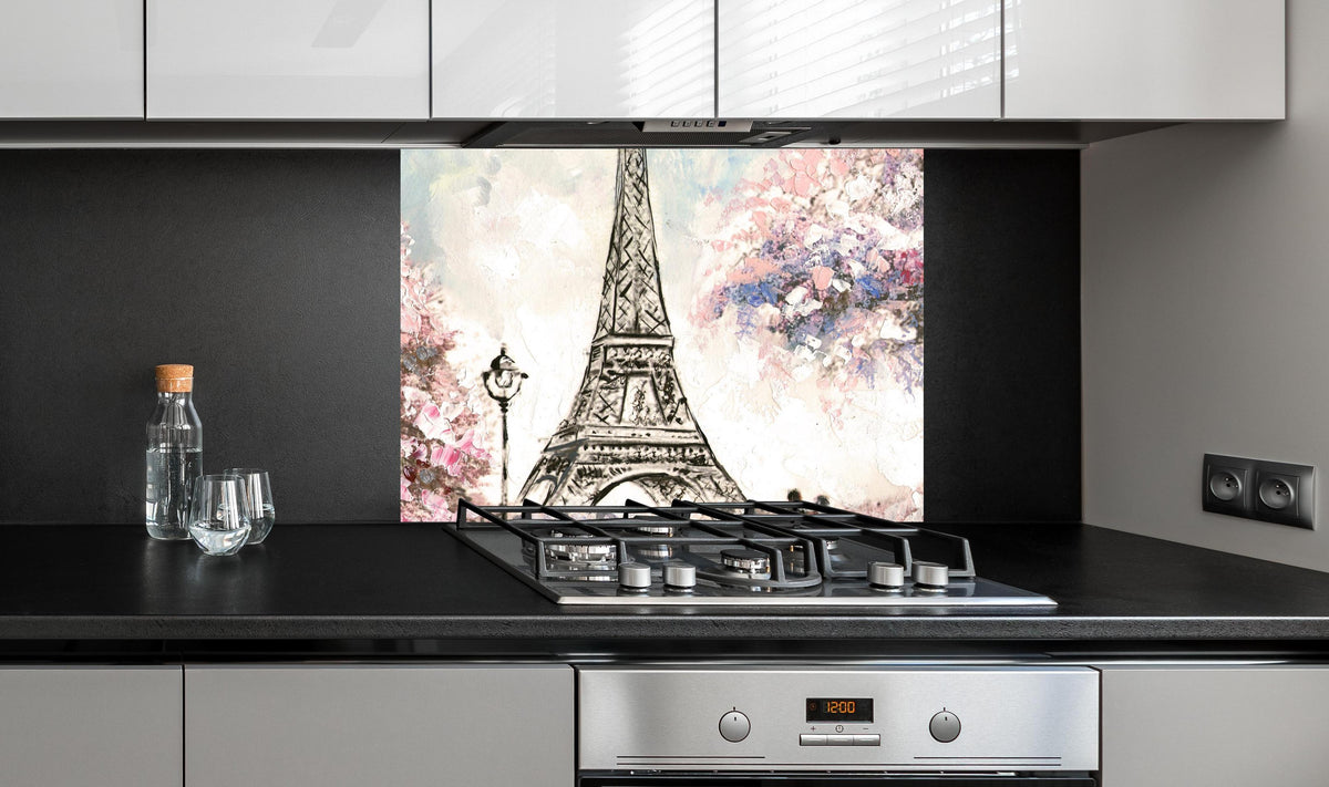 Spritzschutz - Acrylgemälde eines Paares in Paris an edler Anthrazit-Wand hinter silbernem Gasherd