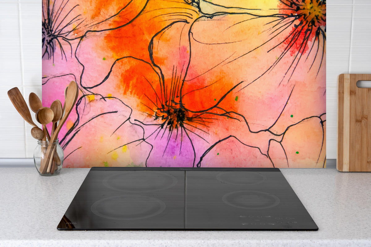 Spritzschutz - Aquarell Blumen Malerei hinter einem Cerankochfeld zwischen Holz-Kochutensilien
