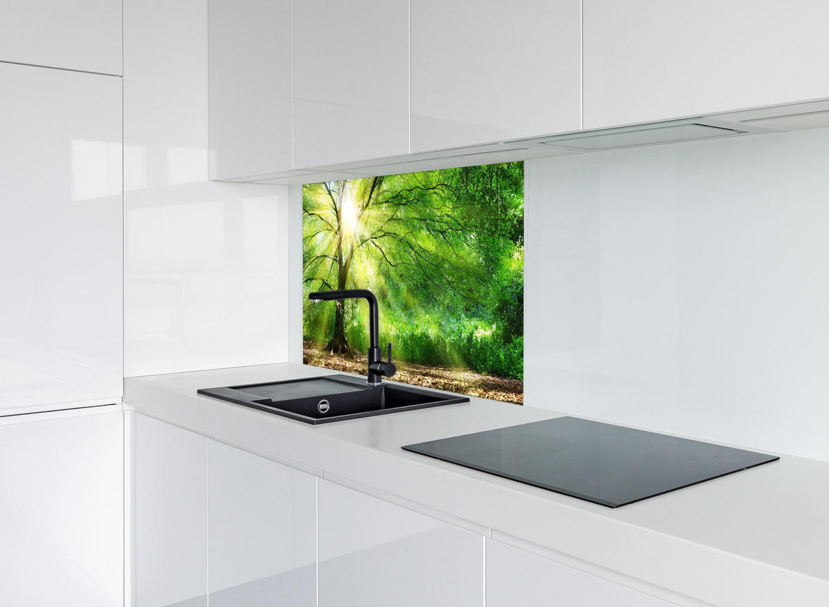 Spritzschutz - Energiegeladener Wald hinter modernem schwarz-matten Spülbecken in weißer Hochglanz-Küche
