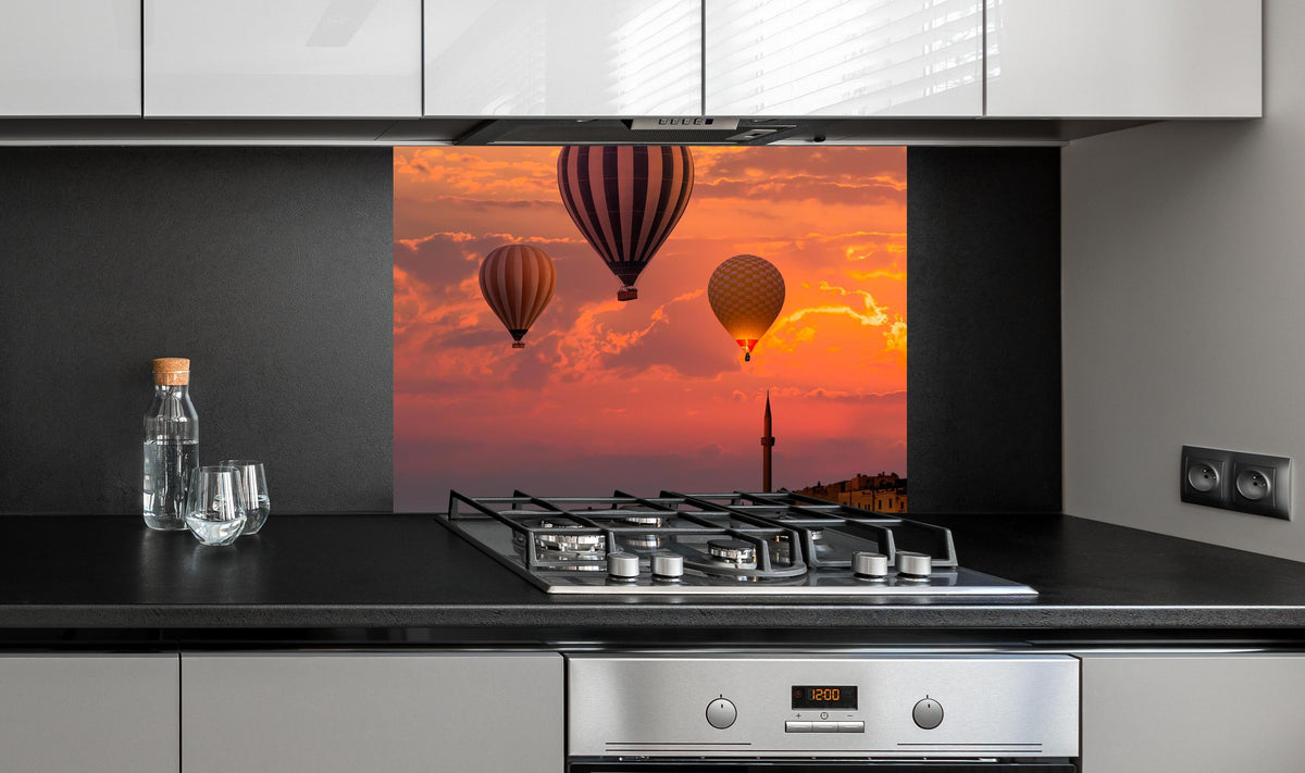 Spritzschutz - Heißluftballons über Kappadokien - Sonnenuntergang an edler Anthrazit-Wand hinter silbernem Gasherd