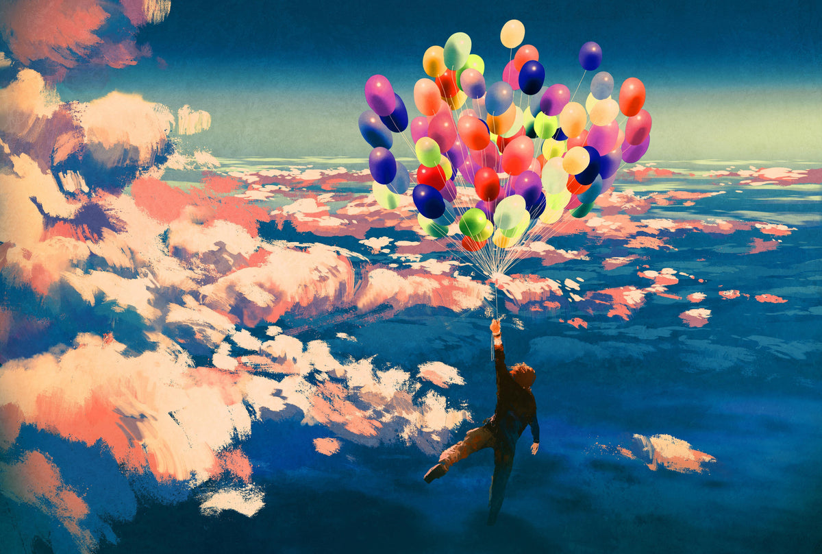 Spritzschutz-Mann fliegt mit bunten Luftballons über Wolken