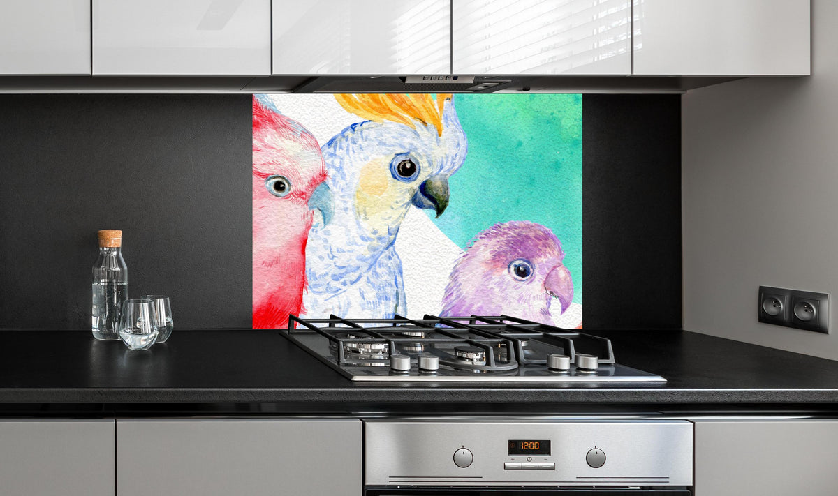 Spritzschutz - Papagei Aquarell - exotisch an edler Anthrazit-Wand hinter silbernem Gasherd
