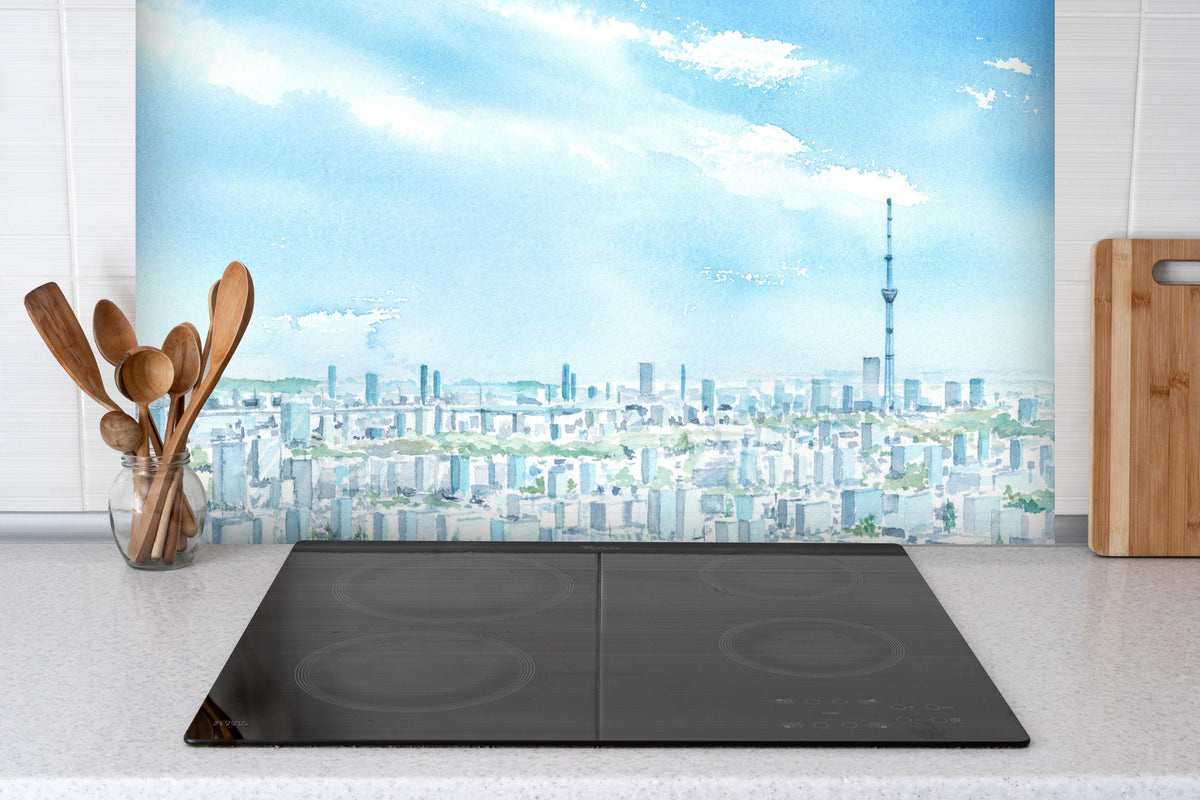 Spritzschutz - Tokyo Sky Tree Aquarellmalerei hinter einem Cerankochfeld zwischen Holz-Kochutensilien
