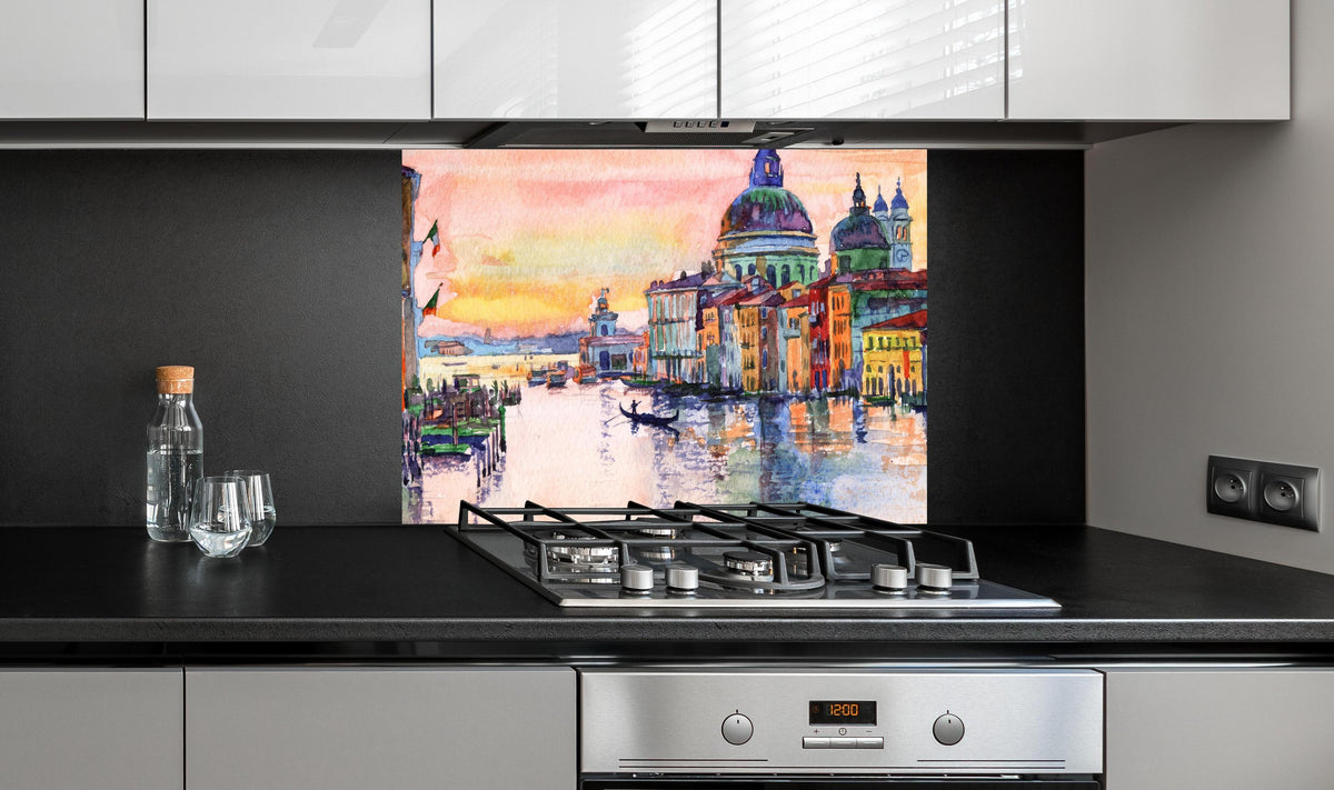 Spritzschutz - Venedig Aquarell  an edler Anthrazit-Wand hinter silbernem Gasherd
