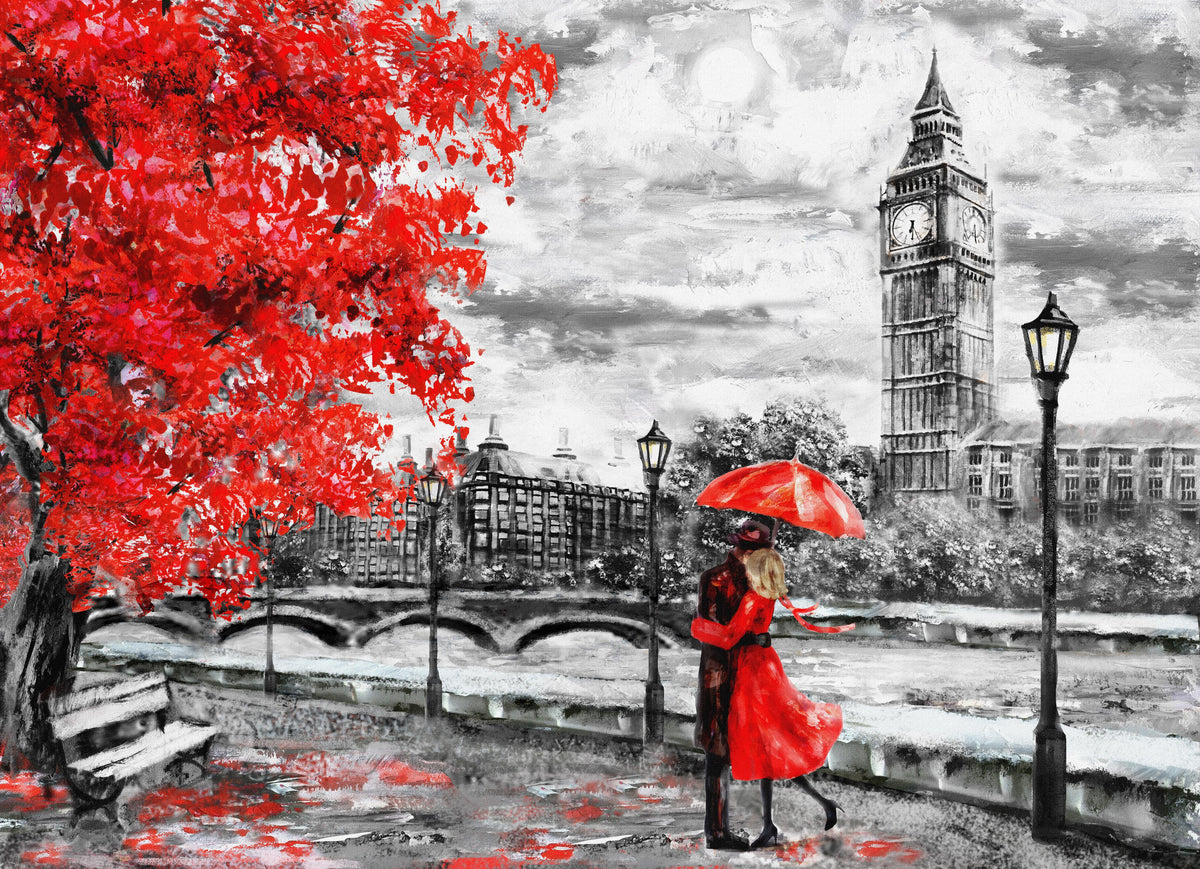 Spritzschutz-romantisierte Szenerie von Paar in London