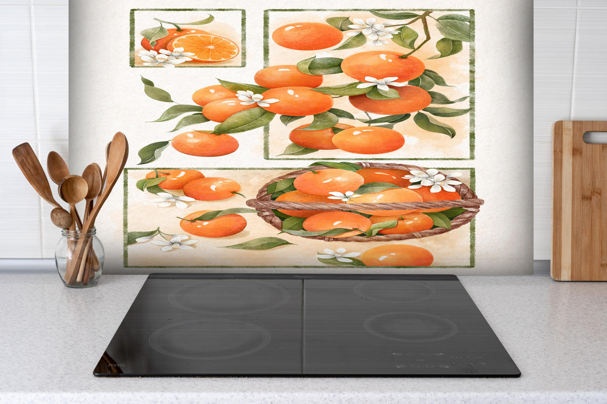 Spritzschutz - Vibrantes Orangenfrucht Stillleben mit Blumen hinter einem Cerankochfeld zwischen Holz-Kochutensilien
