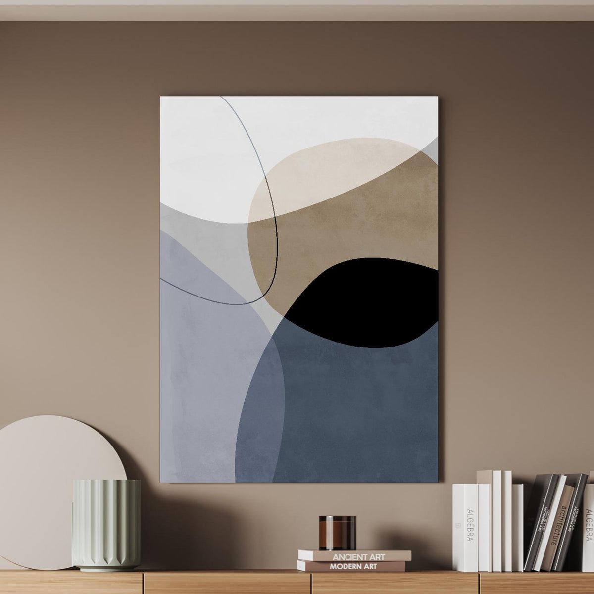 Wandbild - Modernes Design - Formen über doppelter Holzkommode mit Vase und Büchersammlung Zoom